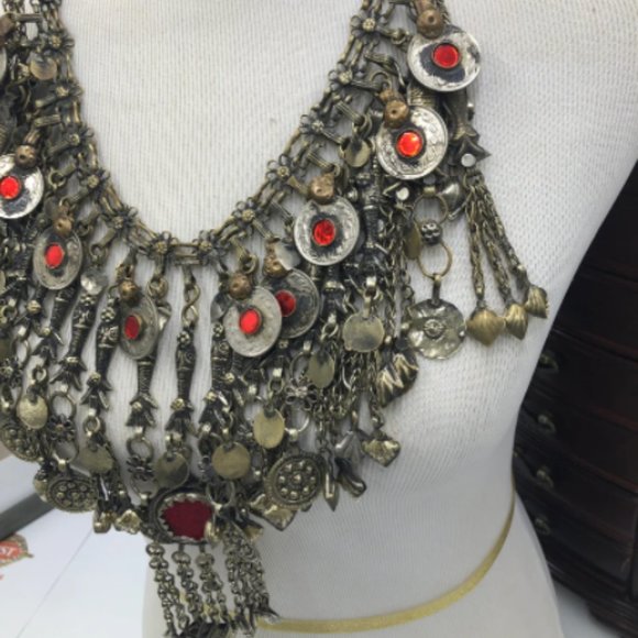 Ethnic Oversized Choker Necklace With Glass Stones and Dangling Tassels - Picture 4 of 6
